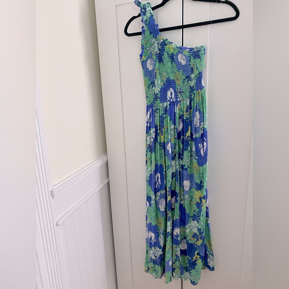JAPNA Size S Blue and Green Floral Print One Shoulder Smocked Maxi Dress w/Tie